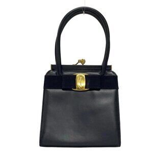Auth Salvatore Ferragamo Vara - Dark Navy Leather Chemical Fiber Handbag